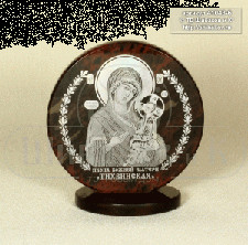 Sv35-00162 Икона "Богоматерь Тихвинская"обсидиан круглая малая настольная 60*25*65 мм